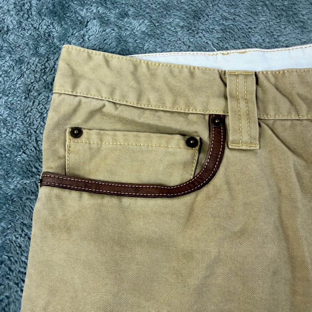 Eddie Bauer Mens 42x32 Khaki Tan Cotton Canvas Leather Trim Straight Leg Pants - Picture 7 of 13